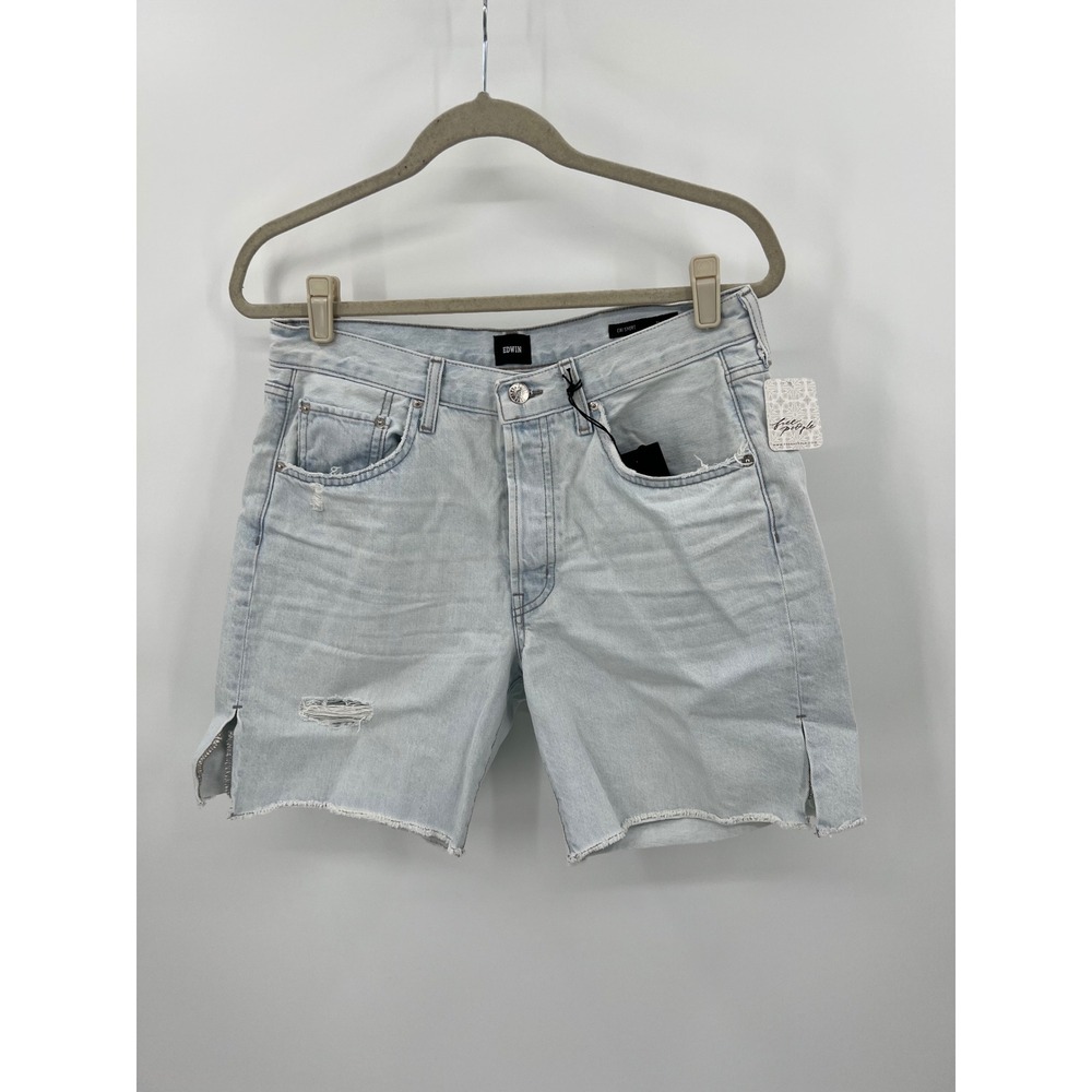 Edwin Cai Denim Shorts Daydream Light Wash Distressed‎ Raw Hem Side Slit Size 30
